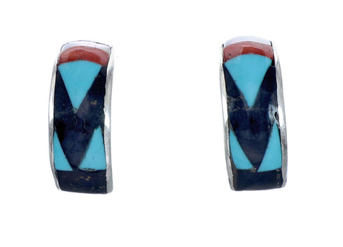 Multicolor Inlay Zuni Indian Sterling Silver Post Hoop Earrings NX11937