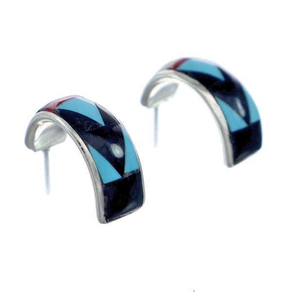 Zuni Indian Inlay Sterling Silver Multicolor Post Hoop Earrings NX11938