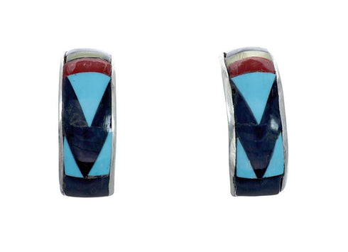 Zuni Indian Inlay Sterling Silver Multicolor Post Hoop Earrings NX11938