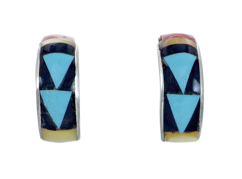 Zuni Indian Inlay Sterling Silver Multicolor Post Hoop Earrings NX11939