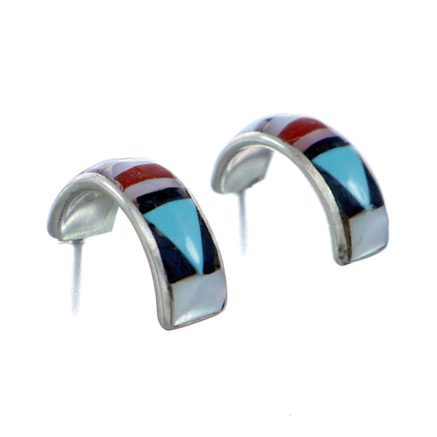Zuni Indian Inlay Sterling Silver Multicolor Post Hoop Earrings NX11940