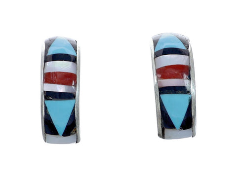 Zuni Indian Inlay Sterling Silver Multicolor Post Hoop Earrings NX11940