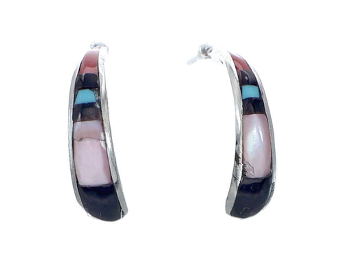 Native American Zuni Multicolor Inlay Earrings Post Hoop NX11948