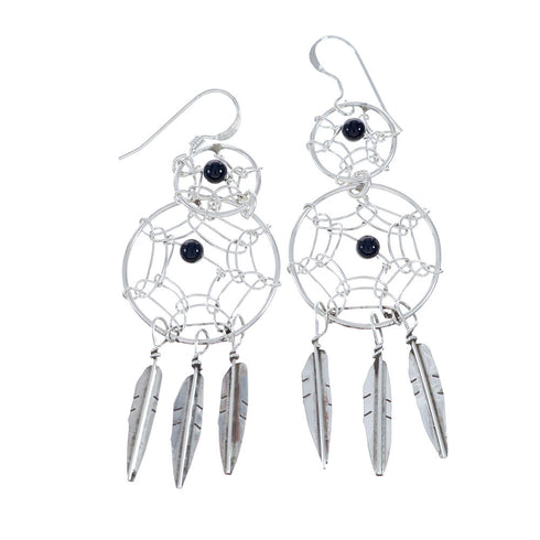 Native American Onyx Dream Catcher Feather Sterling Silver Hook Dangle Earrings NX11913