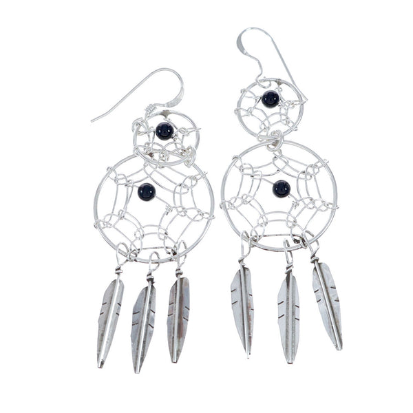 Native American Onyx Dream Catcher Feather Sterling Silver Hook Dangle Earrings NX11913