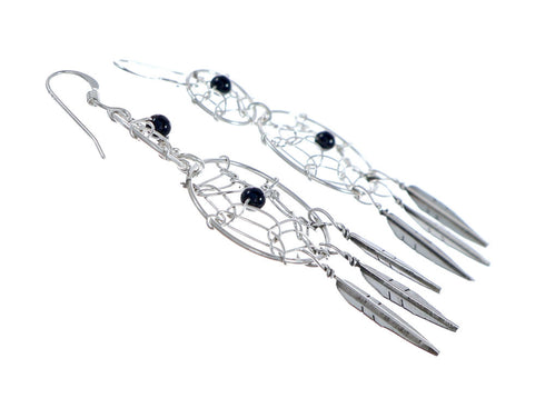 Native American Onyx Dream Catcher Feather Sterling Silver Hook Dangle Earrings NX11913