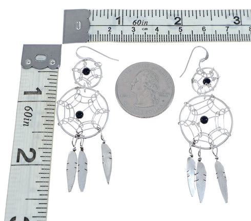 Native American Onyx Dream Catcher Feather Sterling Silver Hook Dangle Earrings NX11913