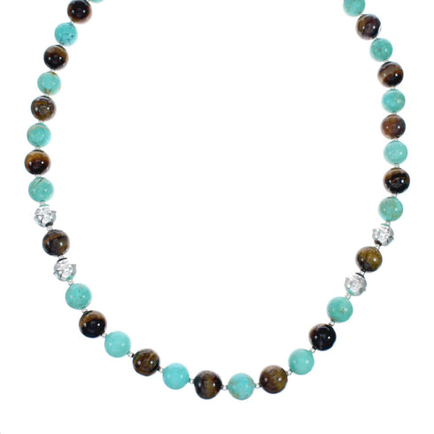 Genuine Turquoise And Tiger Eye Sterling Silver Native American Bead Necklace NX11868
