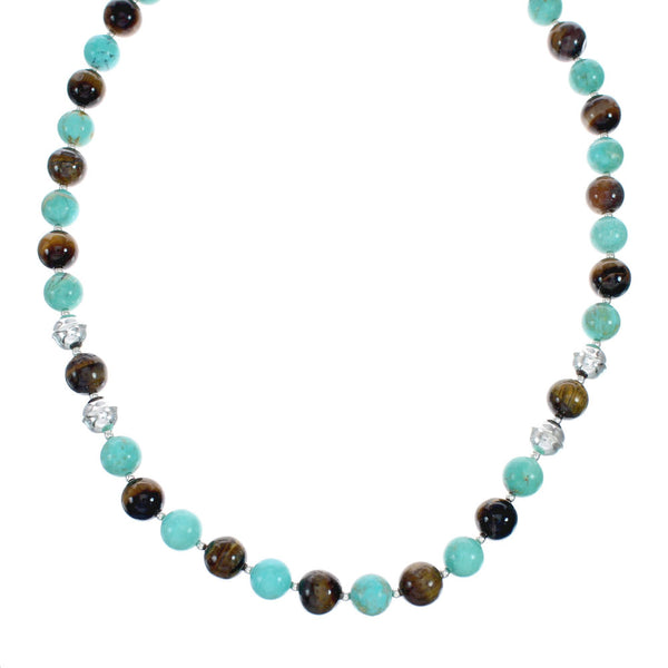 Genuine Turquoise And Tiger Eye Sterling Silver Native American Bead Necklace NX11868