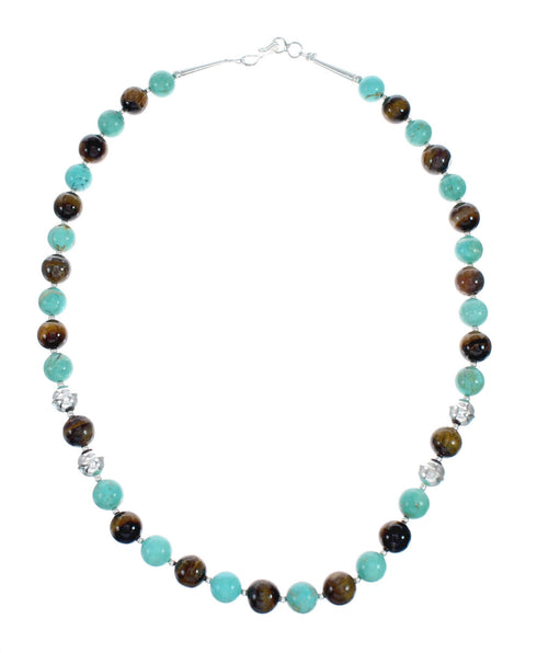 Genuine Turquoise And Tiger Eye Sterling Silver Native American Bead Necklace NX11868