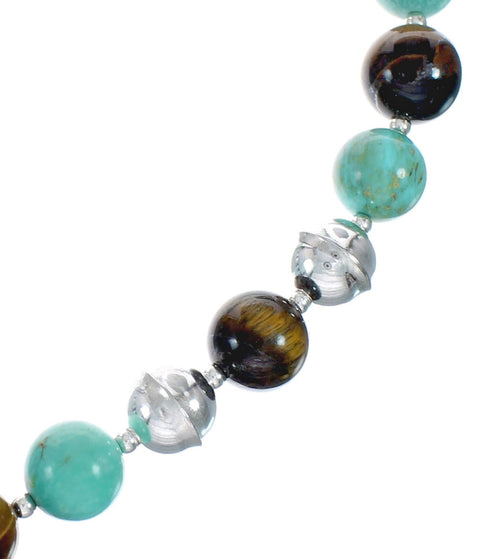 Genuine Turquoise And Tiger Eye Sterling Silver Native American Bead Necklace NX11868