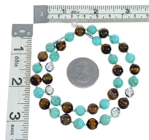 Genuine Turquoise And Tiger Eye Sterling Silver Native American Bead Necklace NX11868