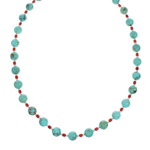 Genuine Turquoise And Coral Sterling Silver Native American Bead Necklace NX11869