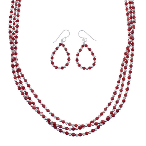 Native American Sterling Silver Coral Bead 3-Strand Necklace And Earrings Set NX11871