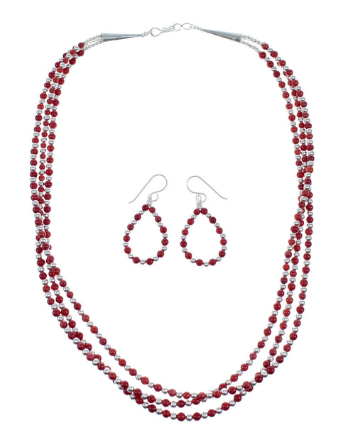 Native American Sterling Silver Coral Bead 3-Strand Necklace And Earrings Set NX11871