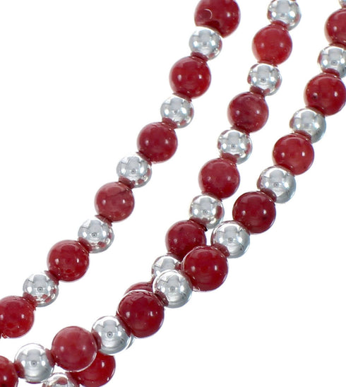 Native American Sterling Silver Coral Bead 3-Strand Necklace And Earrings Set NX11871