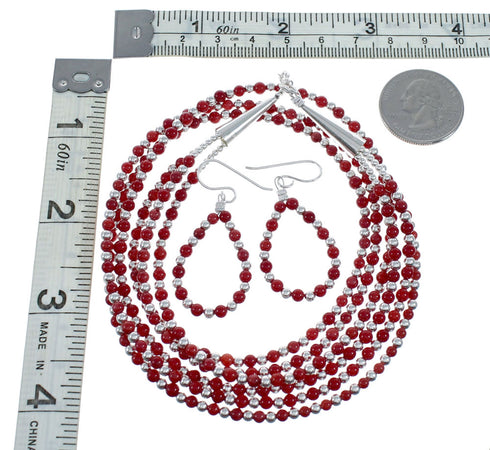 Native American Sterling Silver Coral Bead 3-Strand Necklace And Earrings Set NX11871