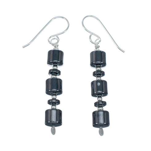 Authentic Native American Hematite Bead Hook Dangle Earrings NX11874