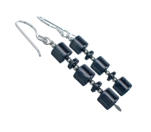 Authentic Native American Hematite Bead Hook Dangle Earrings NX11874