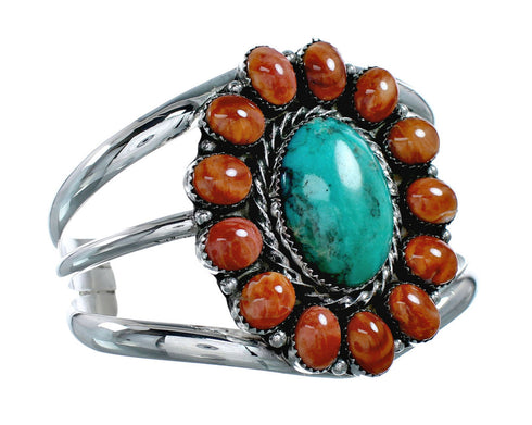 Genuine Navajo Turquoise and Oyster Shell Multi-Stone Sterling Silver Cuff Bracelet NX11918