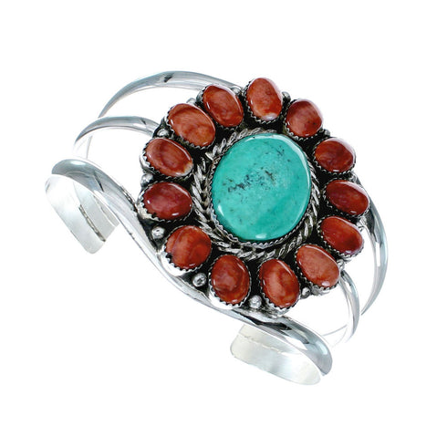 Genuine Navajo Turquoise and Oyster Shell Multi-Stone Sterling Silver Cuff Bracelet NX11919