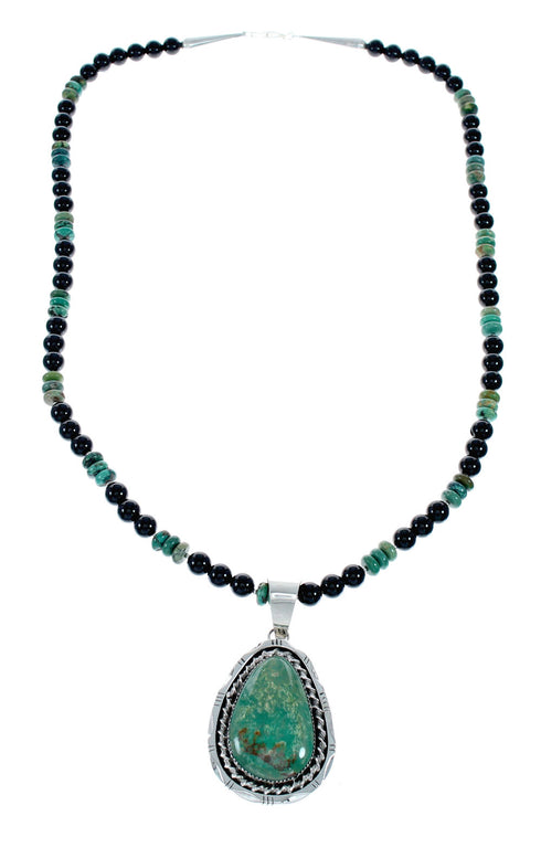 Genuine Turquoise And Onyx Sterling Silver Navajo Bead Necklace Set NX11895