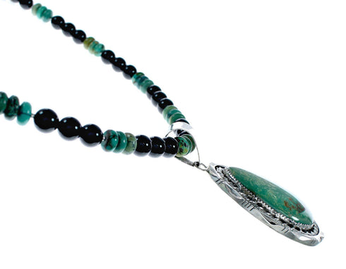 Genuine Turquoise And Onyx Sterling Silver Navajo Bead Necklace Set NX11895