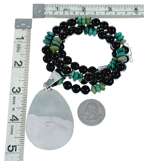 Genuine Turquoise And Onyx Sterling Silver Navajo Bead Necklace Set NX11895
