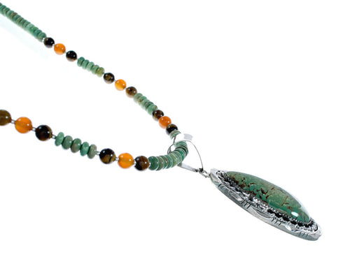 Navajo Turquoise Tiger Eye Sterling Silver Bead Necklace And Pendant Set NX11897