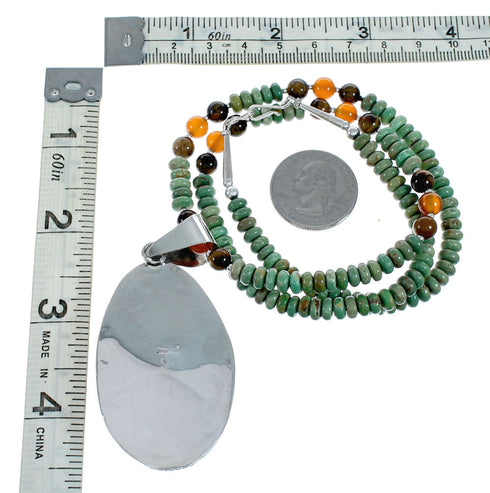 Navajo Turquoise Tiger Eye Sterling Silver Bead Necklace And Pendant Set NX11897