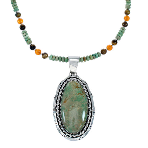 Authentic Navajo Turquoise Tiger Eye Sterling Silver Bead Necklace And Pendant Set NX11899