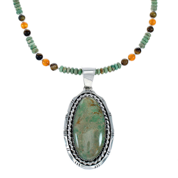 Authentic Navajo Turquoise Tiger Eye Sterling Silver Bead Necklace And Pendant Set NX11899