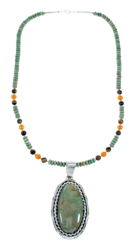 Authentic Navajo Turquoise Tiger Eye Sterling Silver Bead Necklace And Pendant Set NX11899