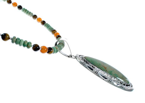 Authentic Navajo Turquoise Tiger Eye Sterling Silver Bead Necklace And Pendant Set NX11899