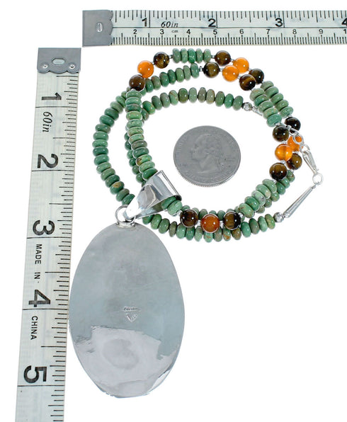 Authentic Navajo Turquoise Tiger Eye Sterling Silver Bead Necklace And Pendant Set NX11899