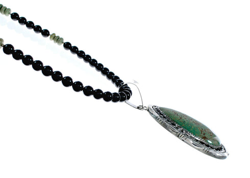Genuine Turquoise And Onyx Sterling Silver Navajo Bead Necklace Set NX11900