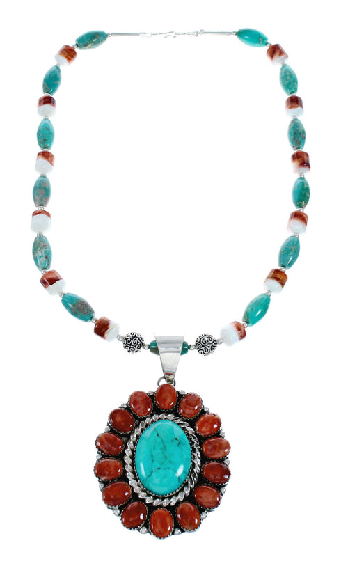 Turquoise and Oyster Shell Genuine Sterling Silver Navajo Bead Necklace NX11951