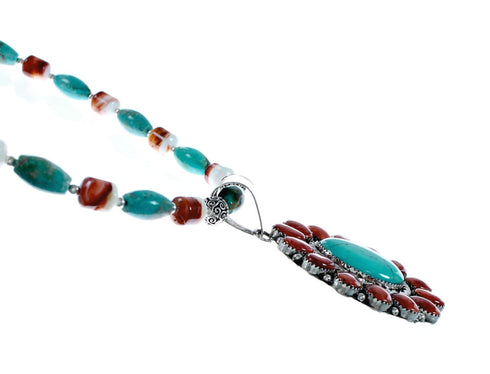 Turquoise and Oyster Shell Genuine Sterling Silver Navajo Bead Necklace NX11951