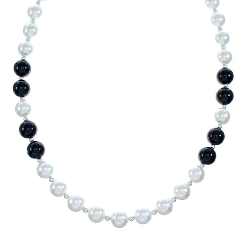 Onyx And Mother of Pearl Navajo Sterling Silver Bead Necklace NX11987