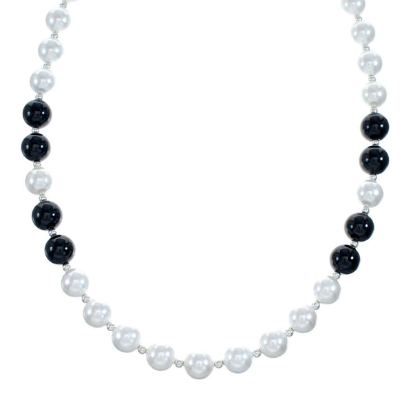 Onyx And Mother of Pearl Navajo Sterling Silver Bead Necklace NX11987