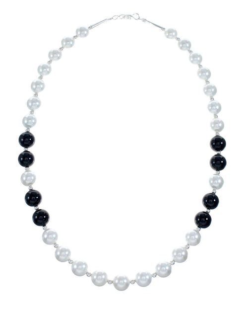 Onyx And Mother of Pearl Navajo Sterling Silver Bead Necklace NX11987