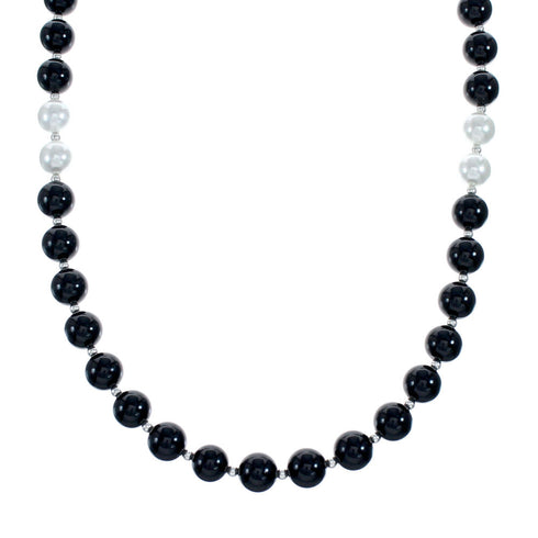 Navajo Onyx And Mother of Pearl Sterling Silver Bead Necklace NX11988