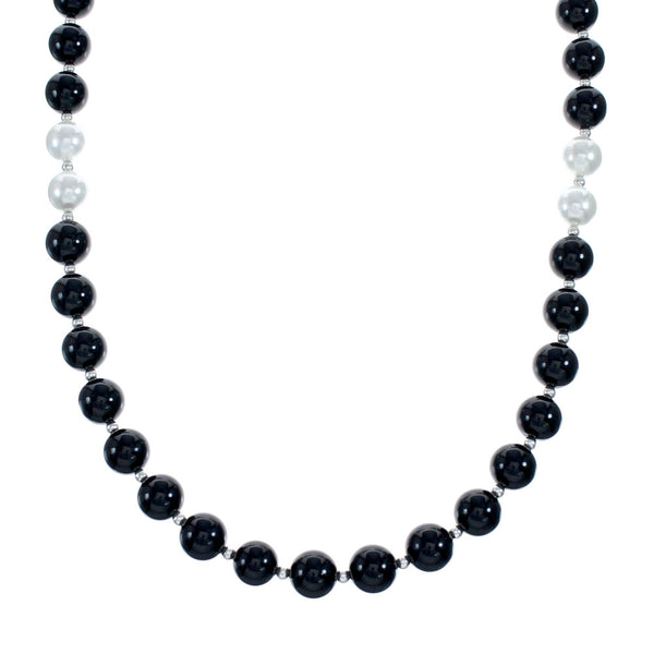 Navajo Onyx And Mother of Pearl Sterling Silver Bead Necklace NX11988