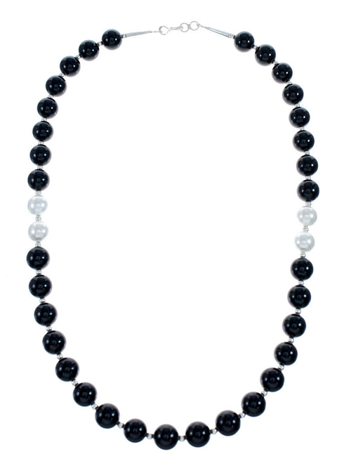 Navajo Onyx And Mother of Pearl Sterling Silver Bead Necklace NX11988