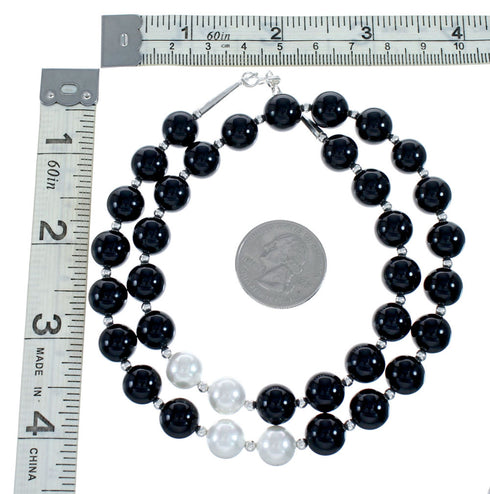 Navajo Onyx And Mother of Pearl Sterling Silver Bead Necklace NX11988