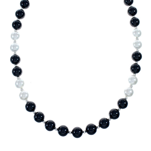 Navajo Onyx And Mother of Pearl Sterling Silver Bead Necklace NX11989