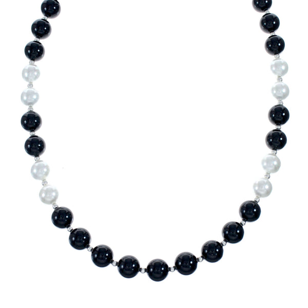 Navajo Onyx And Mother of Pearl Sterling Silver Bead Necklace NX11989