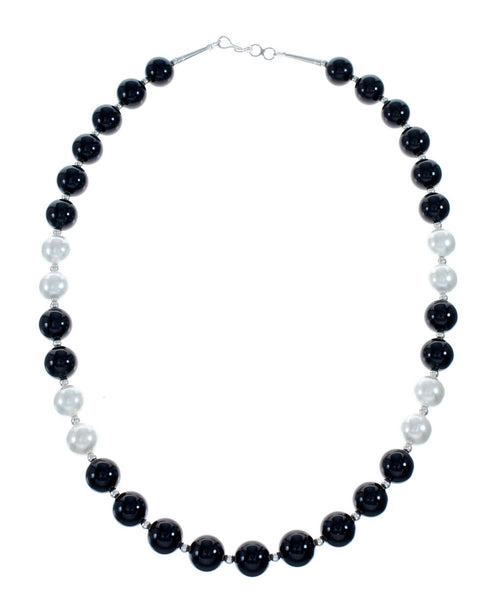 Navajo Onyx And Mother of Pearl Sterling Silver Bead Necklace NX11989
