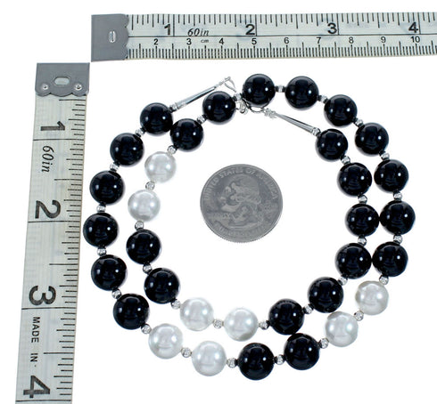 Navajo Onyx And Mother of Pearl Sterling Silver Bead Necklace NX11989