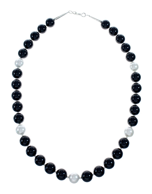 Authentic Navajo Onyx And Mother of Pearl Sterling Silver Bead Necklace NX11990